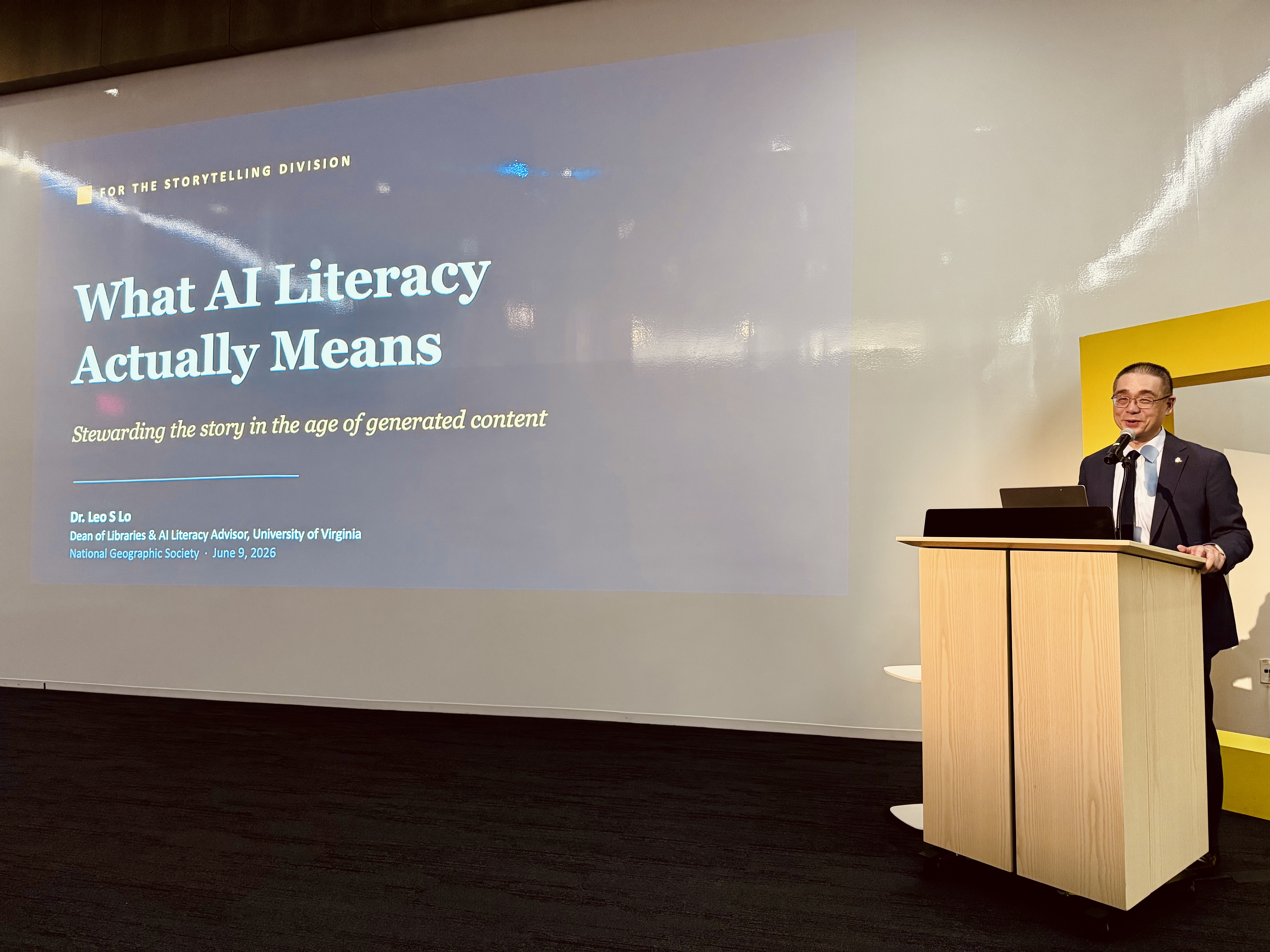 Leo S. Lo presenting What AI Literacy Actually Means at the National Geographic Society